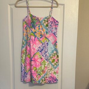 Lilly Pulitzer Shelli Stretch Dress Pink Blue Green Floral Patchwork Dress